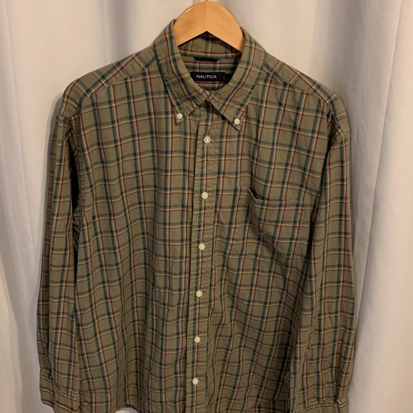 Nautica size large 100% cotton LS button down plaid gray green yellow red shirts - Picture 2 of 5